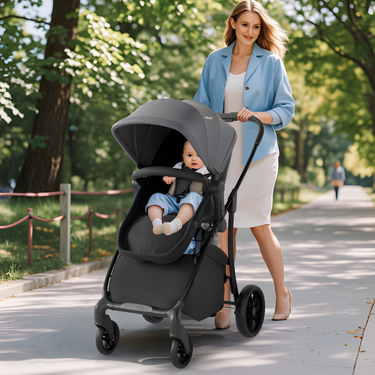 2-in-1 gray baby stroller with bassinet mode and reversible seat, perfect for infants and toddlers.