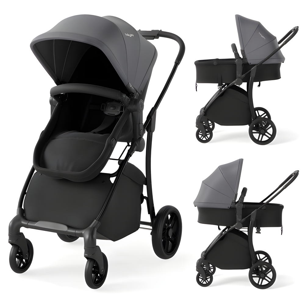 2-in-1 gray baby stroller with bassinet mode and reversible seat, perfect for infants and toddlers.