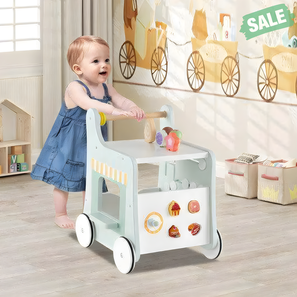 Light green 2-in-1 baby walker with storage and ice cream toys for toddlers 1 year and older.