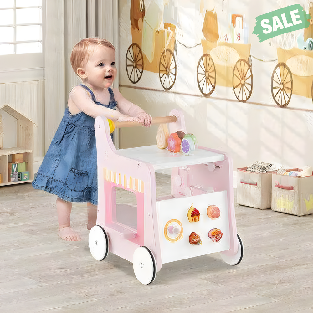 Light green 2-in-1 baby walker with storage and ice cream toys for toddlers 1 year and older.