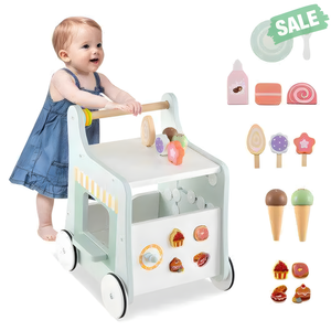 Light green 2-in-1 baby walker with storage and ice cream toys for 1+ years, shown from angle 3.