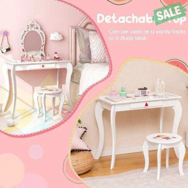 2 in 1 Children Pretend Makeup Vanity Set with Removable Mirror and Storage Drawer-White Kids Vanities