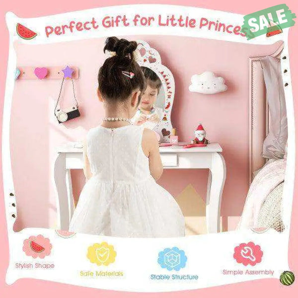 2 in 1 Children Pretend Makeup Vanity Set with Removable Mirror and Storage Drawer-White Kids Vanities