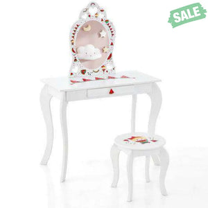 2 in 1 Children Pretend Makeup Vanity Set with Removable Mirror and Storage Drawer-White Kids Vanities