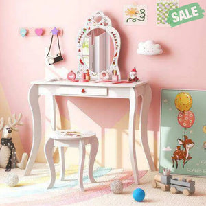 2 in 1 Children Pretend Makeup Vanity Set with Removable Mirror and Storage Drawer-White Kids Vanities