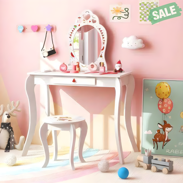 2 in 1 Children Pretend Makeup Vanity Set with Removable Mirror and Storage Drawer in White for kids' playtime fun.