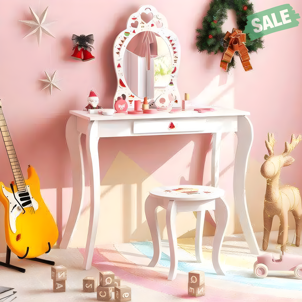 2 in 1 Children Pretend Makeup Vanity Set with Removable Mirror and Storage Drawer in White for kids' playtime fun.