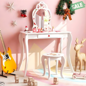 2 in 1 Children Pretend Makeup Vanity Set with removable mirror and storage drawer, white, angled view.