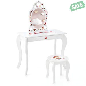 2 in 1 Children Pretend Makeup Vanity Set with removable mirror and storage drawer in white, angled view.