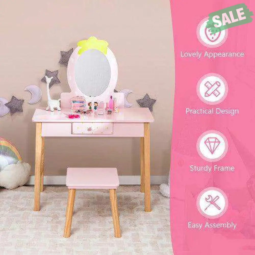 2-in-1 Children Vanity Table Stool Set with Mirror-Pink Kids Vanities