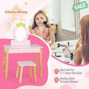2-in-1 Children Vanity Table Stool Set with Mirror-Pink Kids Vanities