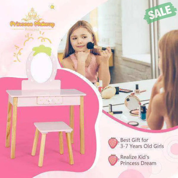 2-in-1 Children Vanity Table Stool Set with Mirror-Pink Kids Vanities