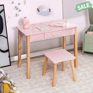 2-in-1 Children Vanity Table Stool Set with Mirror-Pink Kids Vanities