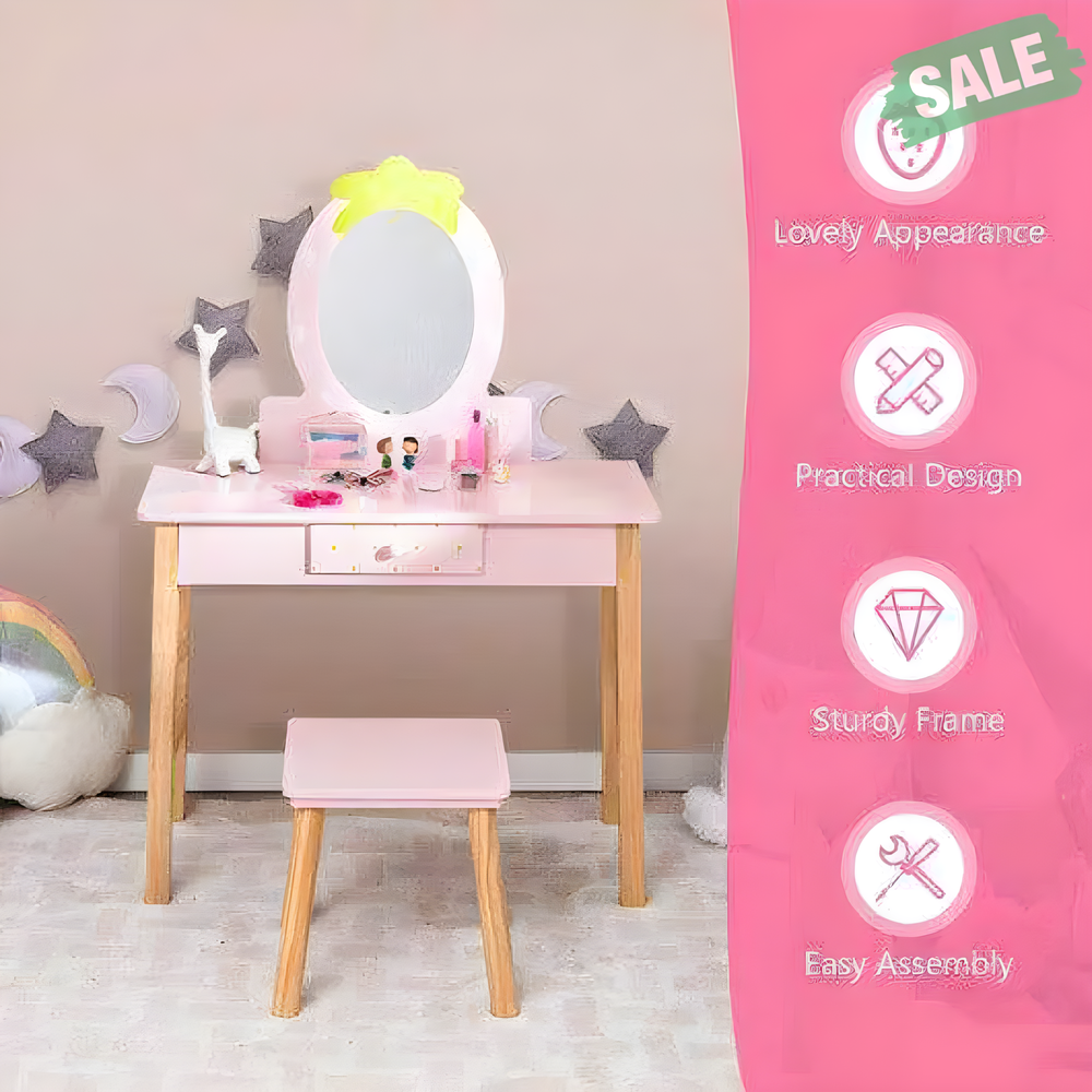 2-in-1 pink children vanity table and stool set with mirror for kids' playroom or bedroom.