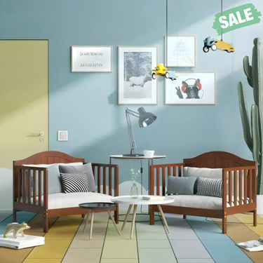 2-in-1 Classic Convertible Wooden Toddler Bed with side guardrails in brown for safety and comfort.