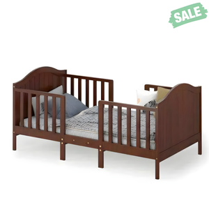 2-in-1 Classic Convertible Wooden Toddler Bed with side guardrails in brown, viewed from angle 3 for safety and style.