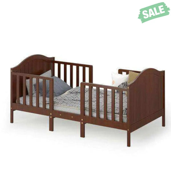 2-in-1 Classic Convertible Wooden Toddler Bed with 2 Side Guardrails for Extra Safety-Brown