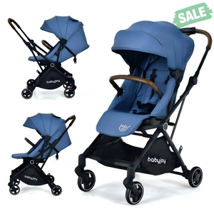 2-in-1 Convertible Aluminum Baby Stroller in blue with adjustable canopy, viewed from angle 2.
