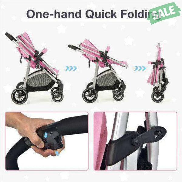 2-in-1 Convertible Baby Stroller with Reversible Seat-Gray Pink Baby Strollers