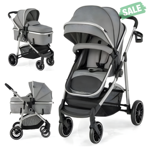 2-in-1 Convertible Baby Stroller with Reversible Seat in Gray, shown from angle 2 for versatile parenting convenience.