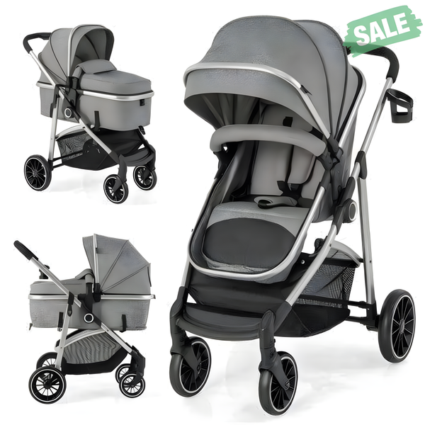2-in-1 Convertible Baby Stroller with Reversible Seat in Gray, shown from angle 2 for versatile parenting convenience.