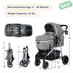 2-in-1 Convertible Baby Stroller with Reversible Seat in Gray, shown from angle 3 for a stylish and functional design.