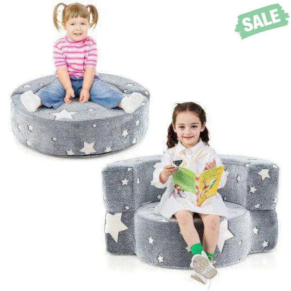 2-in-1 Convertible Glow in the Dark Kids Sofa with Removable Washable Cover-Gray Kids Chairs & Seating