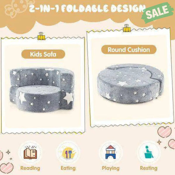 2-in-1 Convertible Glow in the Dark Kids Sofa with Removable Washable Cover-Gray Kids Chairs & Seating
