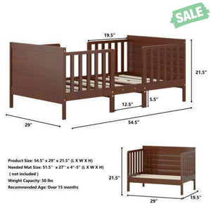 2-in-1 Convertible Kids Wooden Bedroom Furniture with Guardrails-Brown