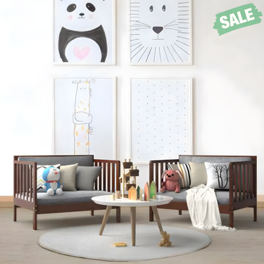 2-in-1 convertible kids wooden bedroom furniture with guardrails in brown, perfect for safe and stylish bedding.