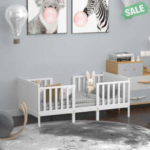 2-in-1 Convertible Kids Wooden Bedroom Furniture with Guardrails-White White Toddler Beds