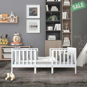 2-in-1 Convertible Kids Wooden Bedroom Furniture with Guardrails-White White Toddler Beds