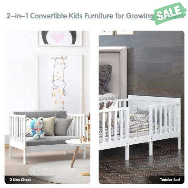 2-in-1 Convertible Kids Wooden Bedroom Furniture with Guardrails-White White Toddler Beds