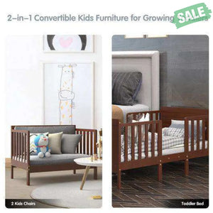 2-in-1 Convertible Kids Wooden Bedroom Furniture with Guardrails-White White Toddler Beds