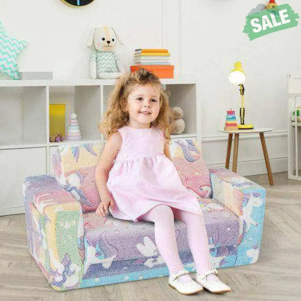 2-in-1 Flip Out Kids Sofa Chair with Detachable Flannel Fabric Cover and Glowing Patterns-Color Kids Chairs & Seating