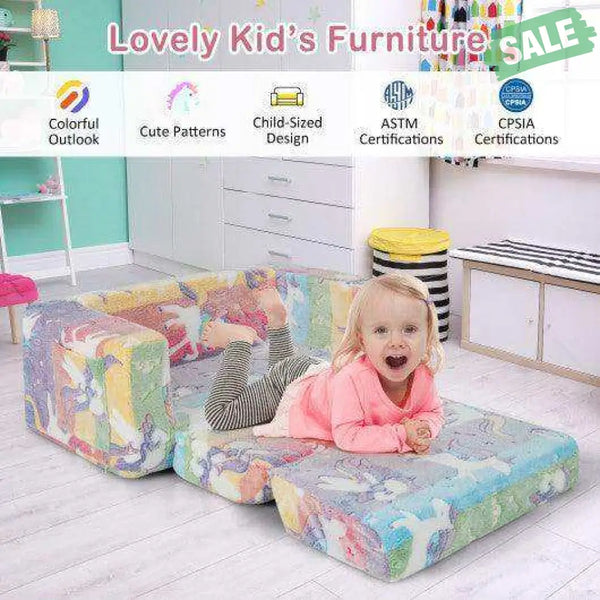 2-in-1 Flip Out Kids Sofa Chair with Detachable Flannel Fabric Cover and Glowing Patterns-Color Kids Chairs & Seating