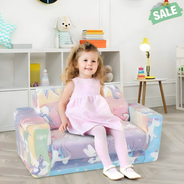 2-in-1 Flip Out Kids Sofa Chair with detachable flannel cover and glowing patterns, perfect for playtime and relaxation.