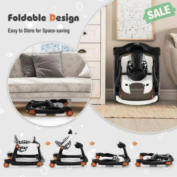 2-in-1 Foldable Activity Push Walker with Adjustable Height-Dark Gray Black Baby Walkers