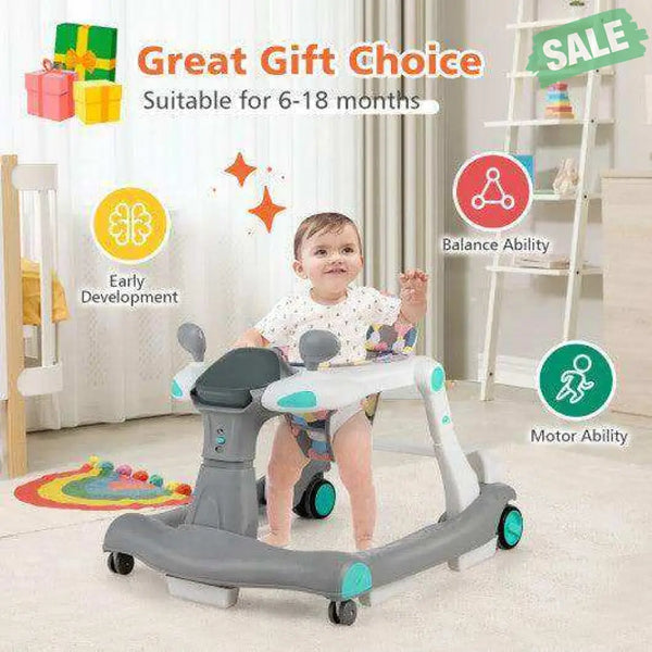 2-in-1 Foldable Activity Push Walker with Adjustable Height-Dark Gray Black Baby Walkers