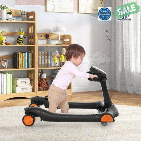 2-in-1 Foldable Activity Push Walker with Adjustable Height-Dark Gray Black Baby Walkers