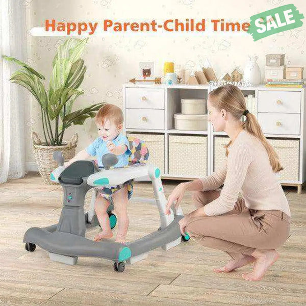 2-in-1 Foldable Activity Push Walker with Adjustable Height-Dark Gray Black Baby Walkers