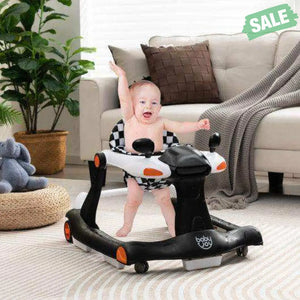 2-in-1 Foldable Activity Push Walker with Adjustable Height-Dark Gray Black Baby Walkers