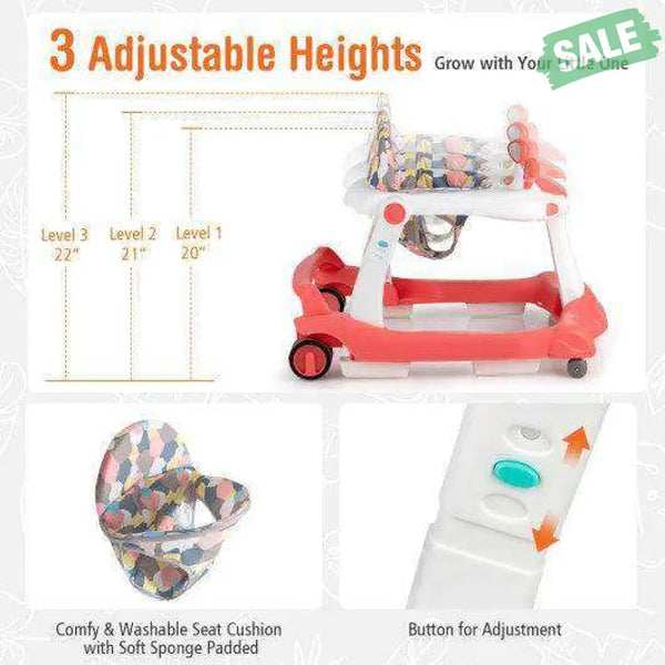 2-in-1 Foldable Activity Push Walker with Adjustable Height-Dark Gray Black Baby Walkers