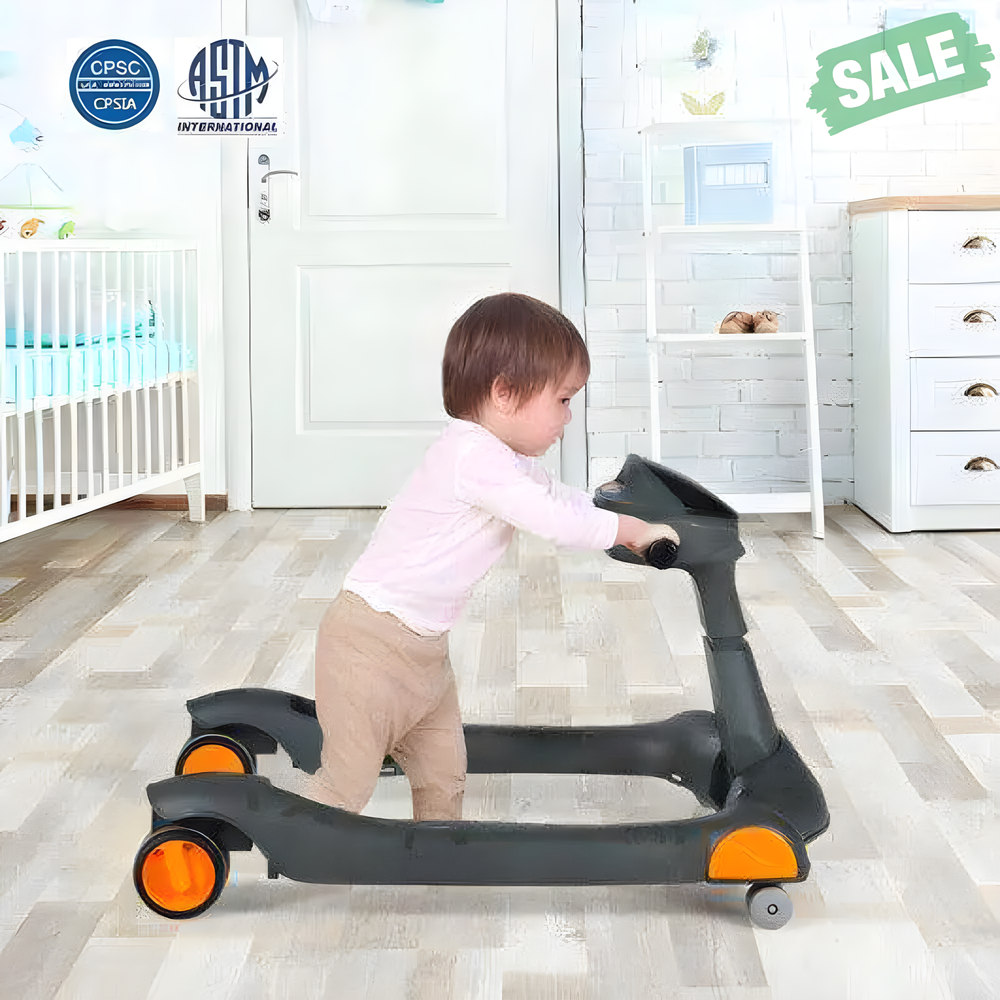 2-in-1 Foldable Activity Push Walker in Dark Gray with Adjustable Height for babies.