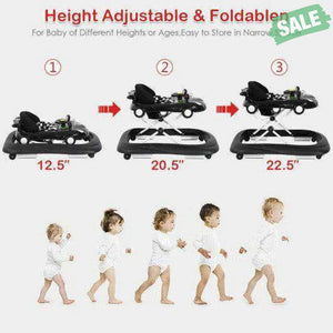 2-in-1 Foldable Baby Walker with Music Player and Lights-White Black Baby Walkers