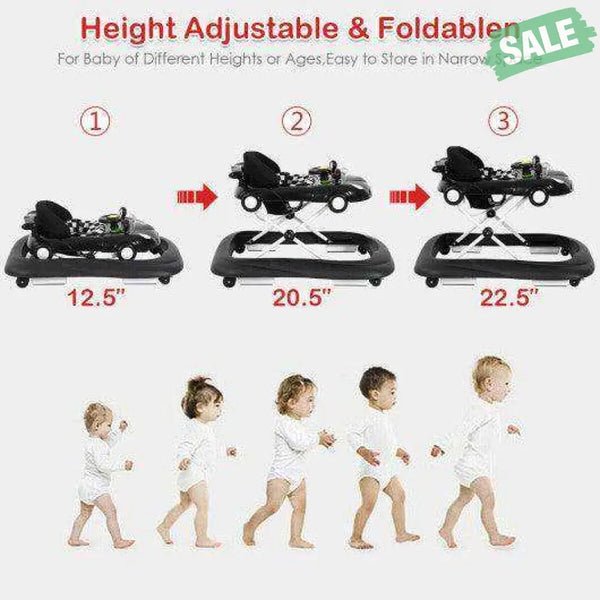 2-in-1 Foldable Baby Walker with Music Player and Lights-White Black Baby Walkers