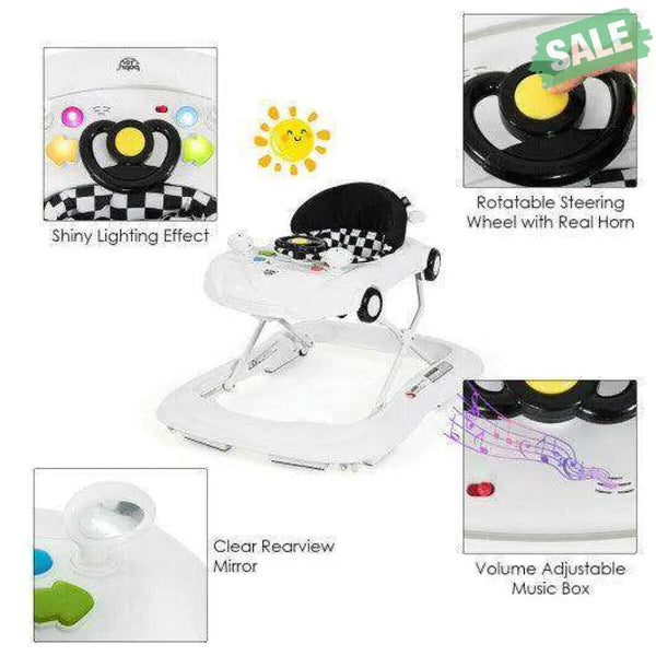 2-in-1 Foldable Baby Walker with Music Player and Lights-White Baby Walkers