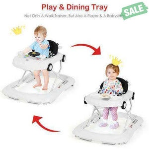 2-in-1 Foldable Baby Walker with Music Player and Lights-White Baby Walkers