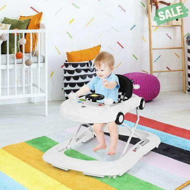 2-in-1 Foldable Baby Walker with Music Player and Lights-White Baby Walkers