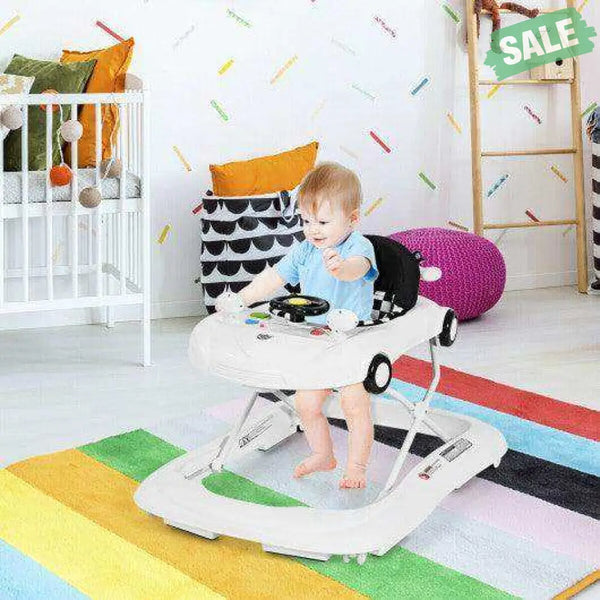 2-in-1 Foldable Baby Walker with Music Player and Lights-White Baby Walkers